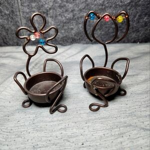 Partylite Beaded Flowers x2 Bronze Wire Tealight Holder Pair